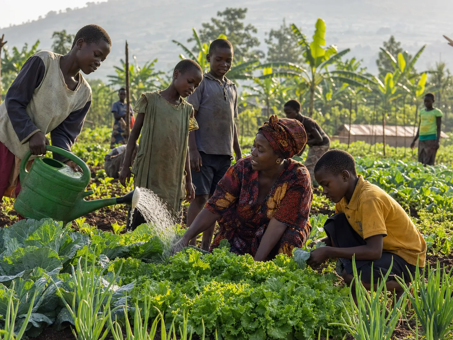 Young people tending a productive community garden in Uganda